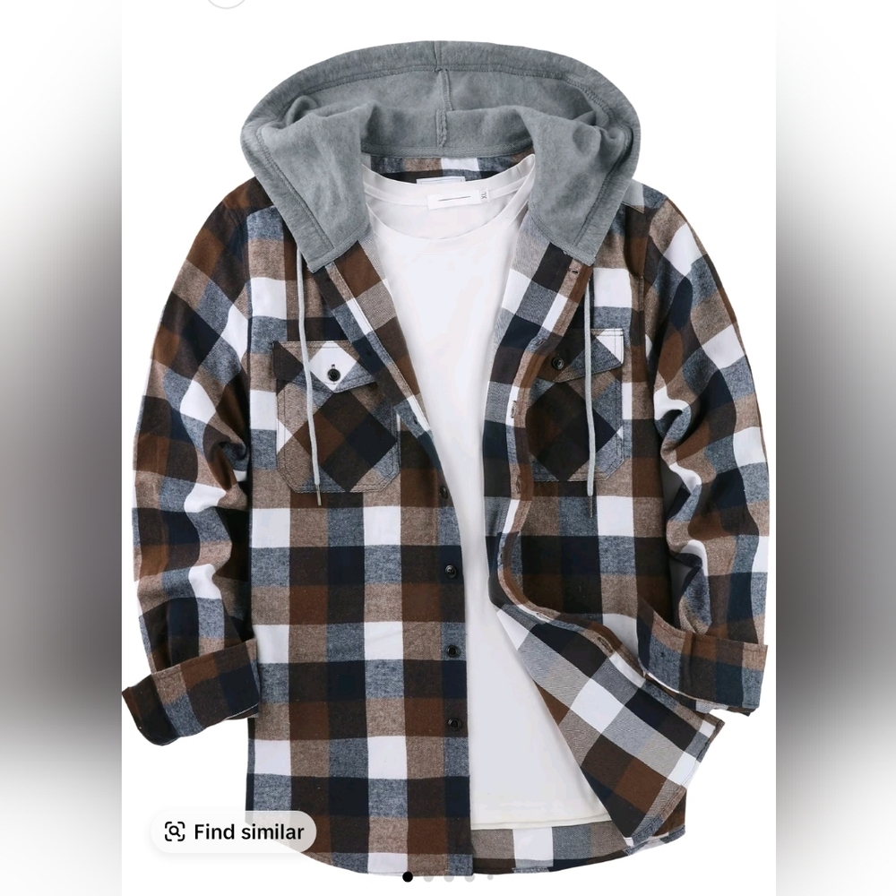 Mens Plaid Button-Up Flannel Hoodie Shirt